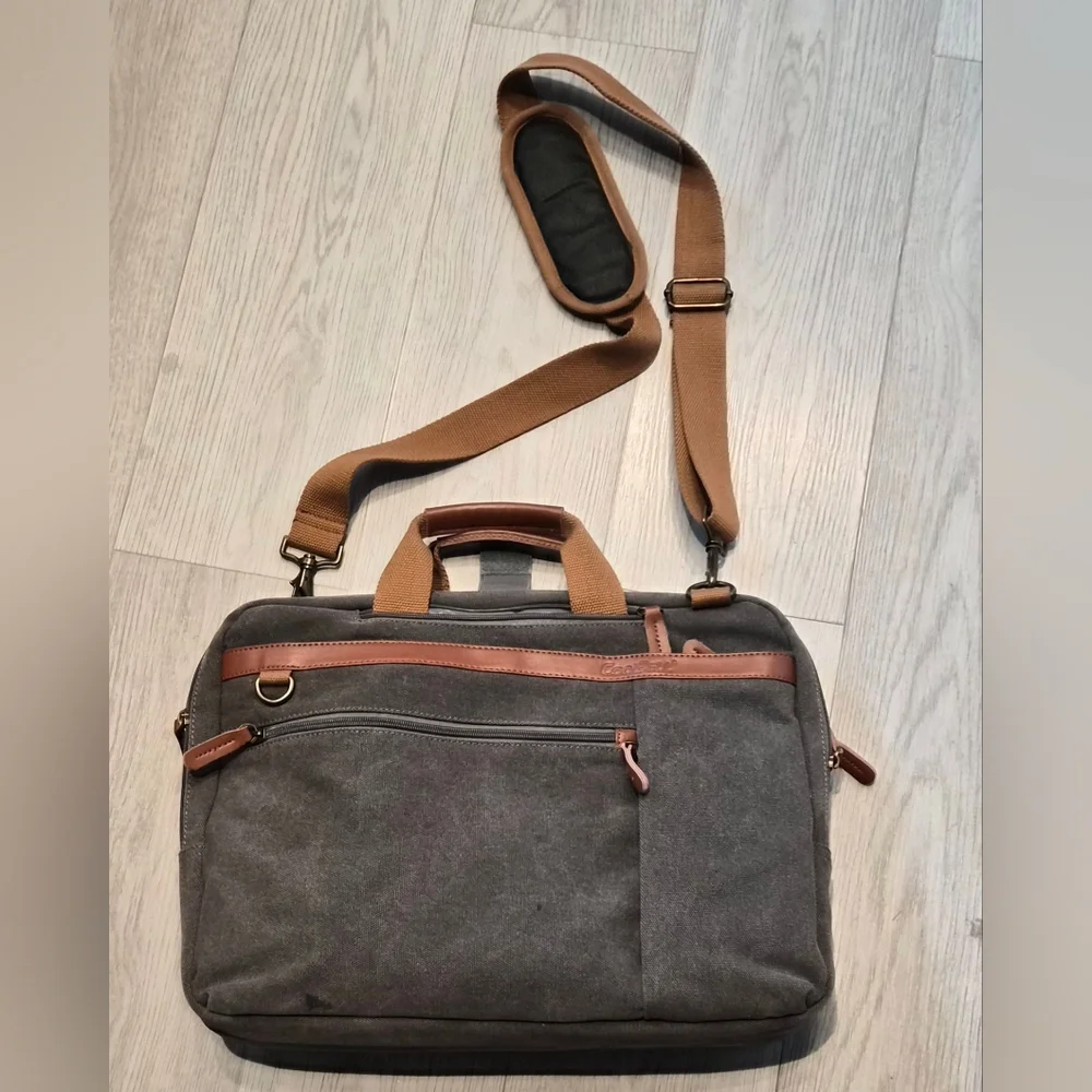 Gray Canvas Messenger Bag And Backpack with Tan Accents - Estarer